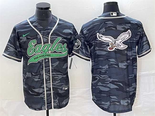 Mens Philadelphia Eagles Gray Camo Team Big Logo Cool Base Stitched Baseball Jersey